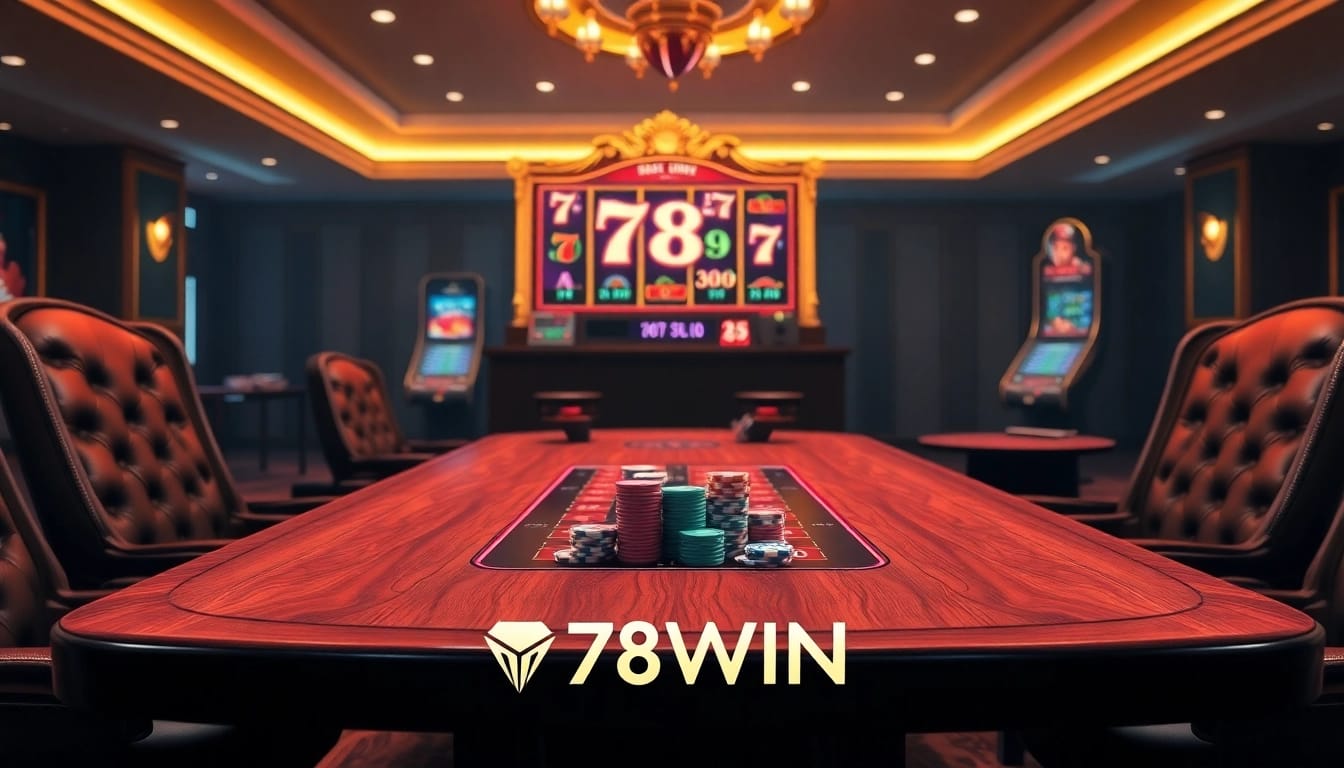 Experience the thrill of gaming with vibrant visuals at 78WIN casino, featuring poker tables and slot machines.