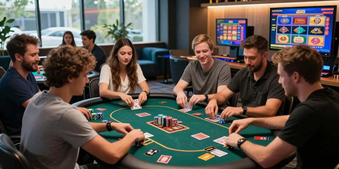 Engaged players at digital gaming table showcasing casinos that accept credit cards and vibrant card games.