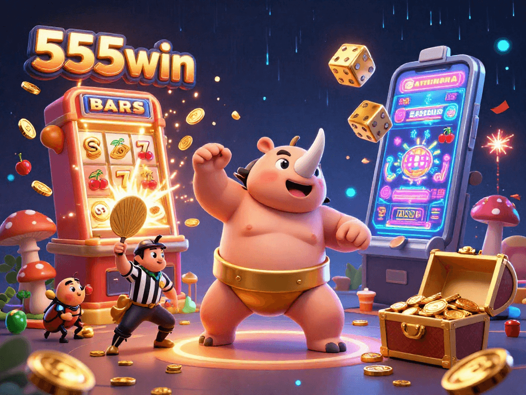 Experience thrilling gaming with 555win as a rhinoceros beetle stomps coins amidst luxury casino elements.