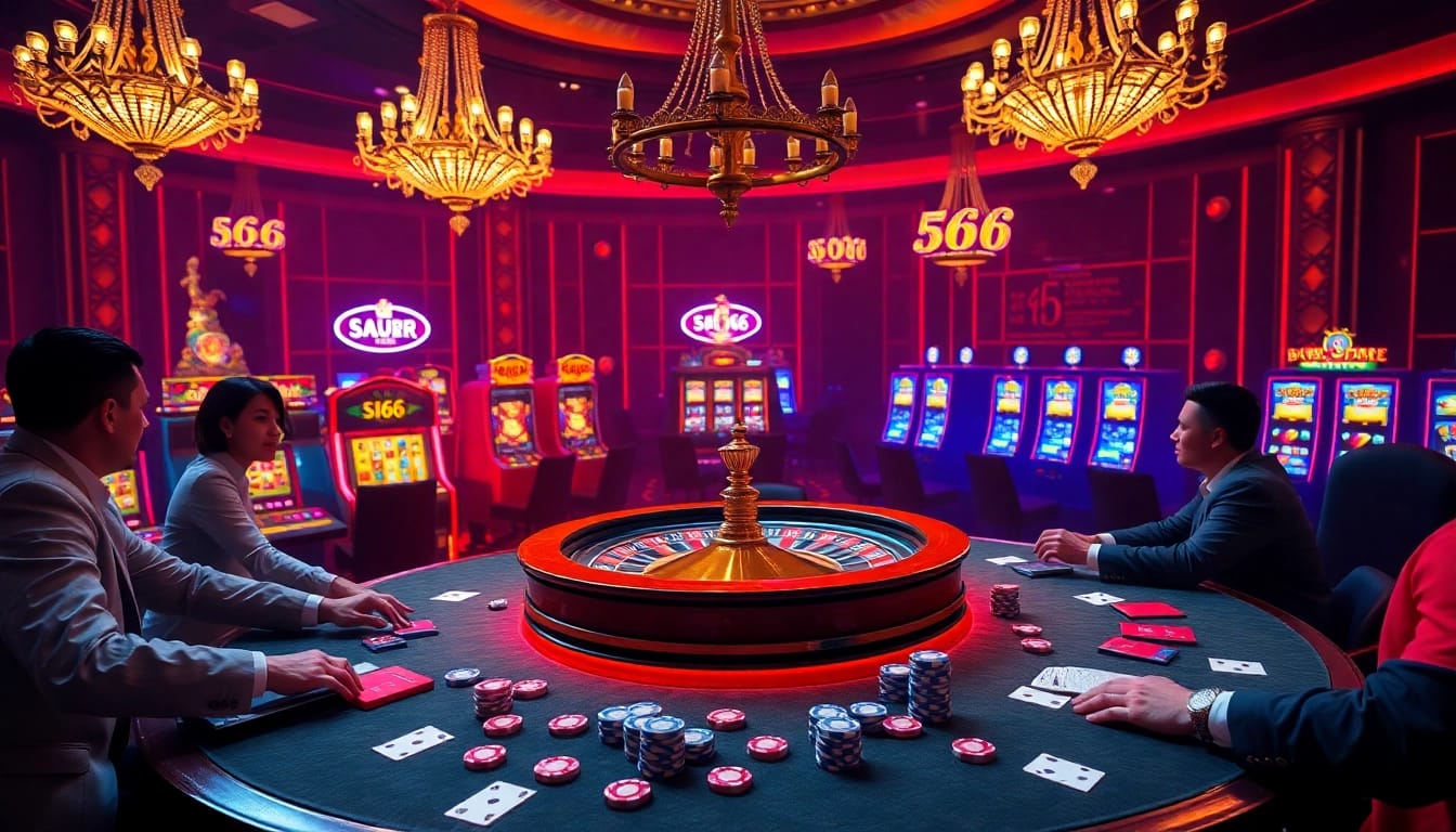 Players immerse in high-stakes excitement at S666 casino with roulette, poker chips, and vibrant slots.
