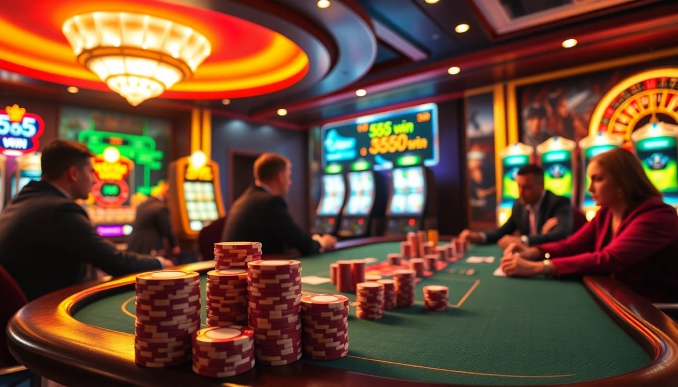 Players enjoy poker at a luxurious casino table, showcasing the excitement of 555win gaming.