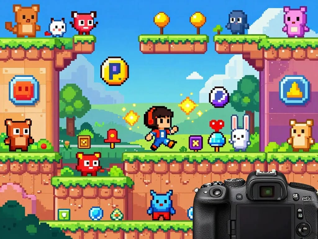 KENZO123 character in colorful gaming scene navigating vibrant platform environment filled with obstacles and collectibles.
