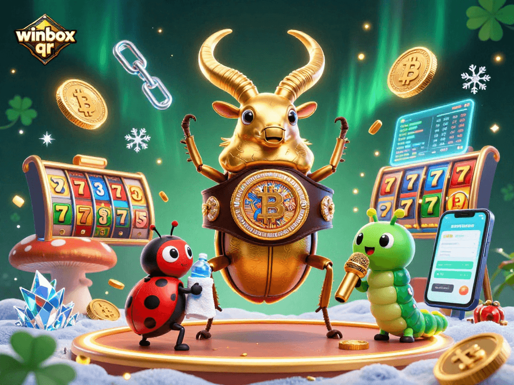 Engage with winbox qr in ultra-detailed 3D illustration of a giant stag beetle boxing match, featuring vibrant casino elements.