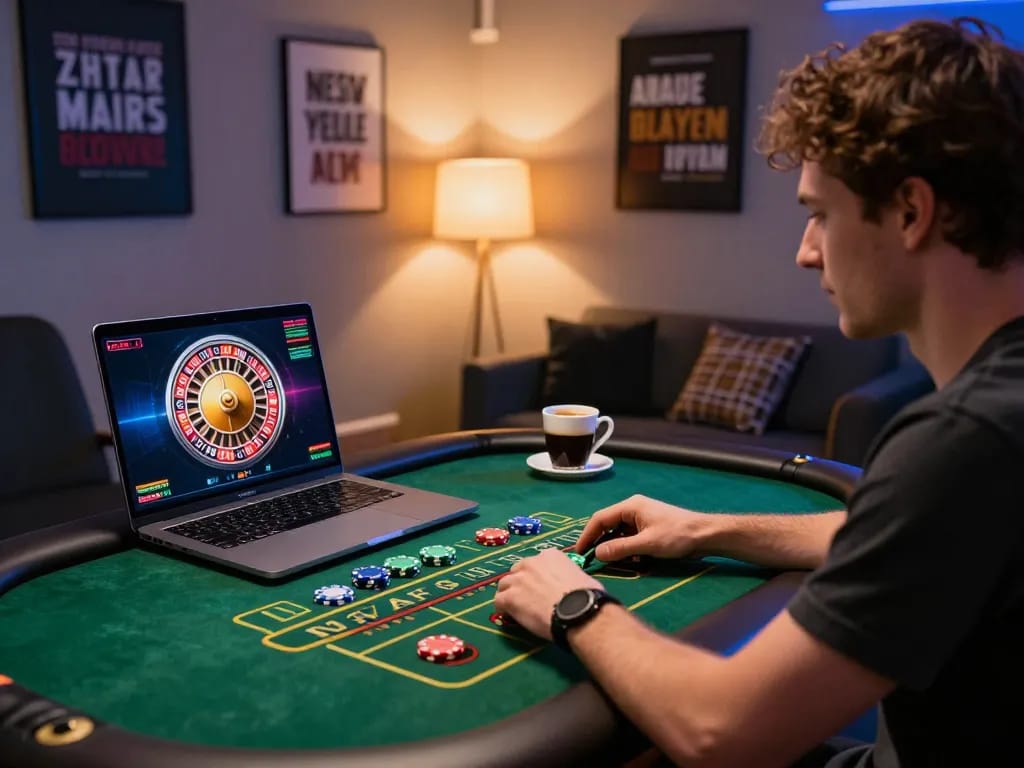Player engaging in live dealer game on kuwinfi platform during cozy home setting.