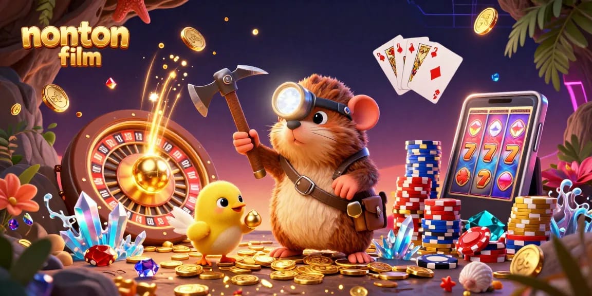 Nonton film with treasure hunter mole in casino-themed scene, showcasing vibrant gameplay elements.
