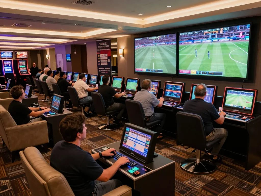 Exciting sports betting experience at fabet with enthusiasts cheering and placing wagers
