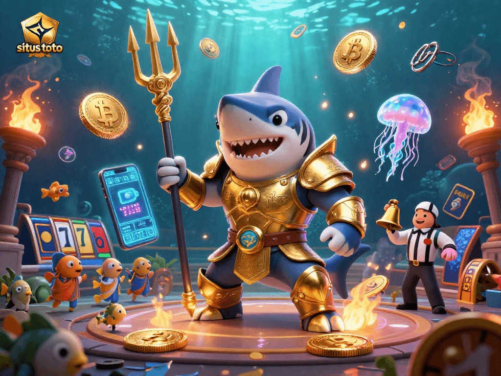Engage with situs toto in an underwater casino scene featuring a fierce tiger shark, slot reels, and digital coins.
