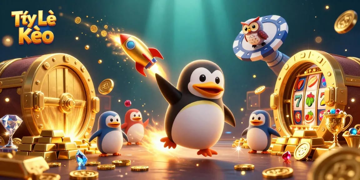 Experience Tỷ Lệ Kèo with a dynamic casino illustration featuring golden elements and a playful penguin.