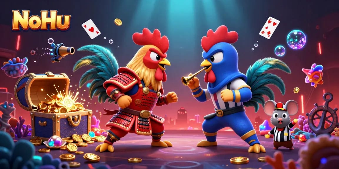 Witness a thrilling NoHu showdown as cartoon roosters duel under water treasure amidst casino chaos.