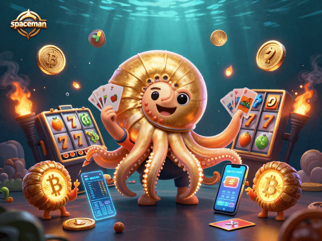 Engage with the spaceman slots as a giant nautilus plays with cards amidst Bitcoin and Ethereum coins.