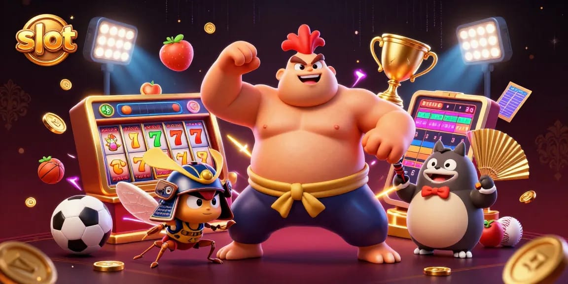 Reel slot yang berputar dan simbol keberuntungan dalam ilustrasi menarik dengan karakter unik yang menghibur pemain.