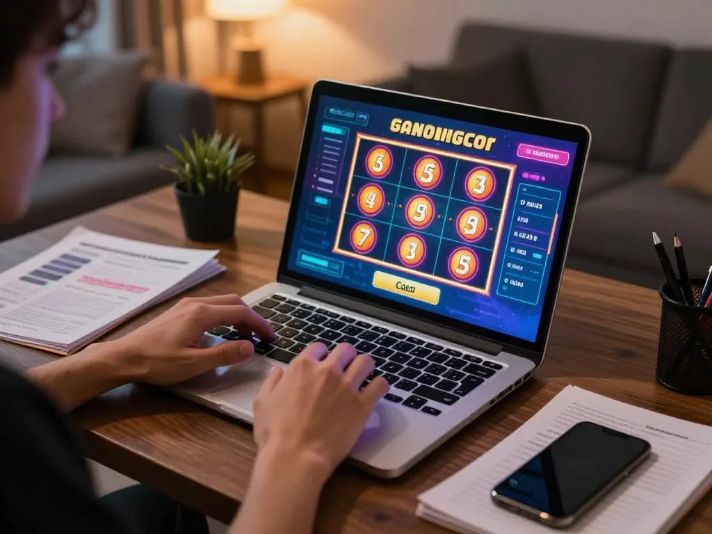 Engaging with slot gacor gameplay on laptop in a cozy home environment.