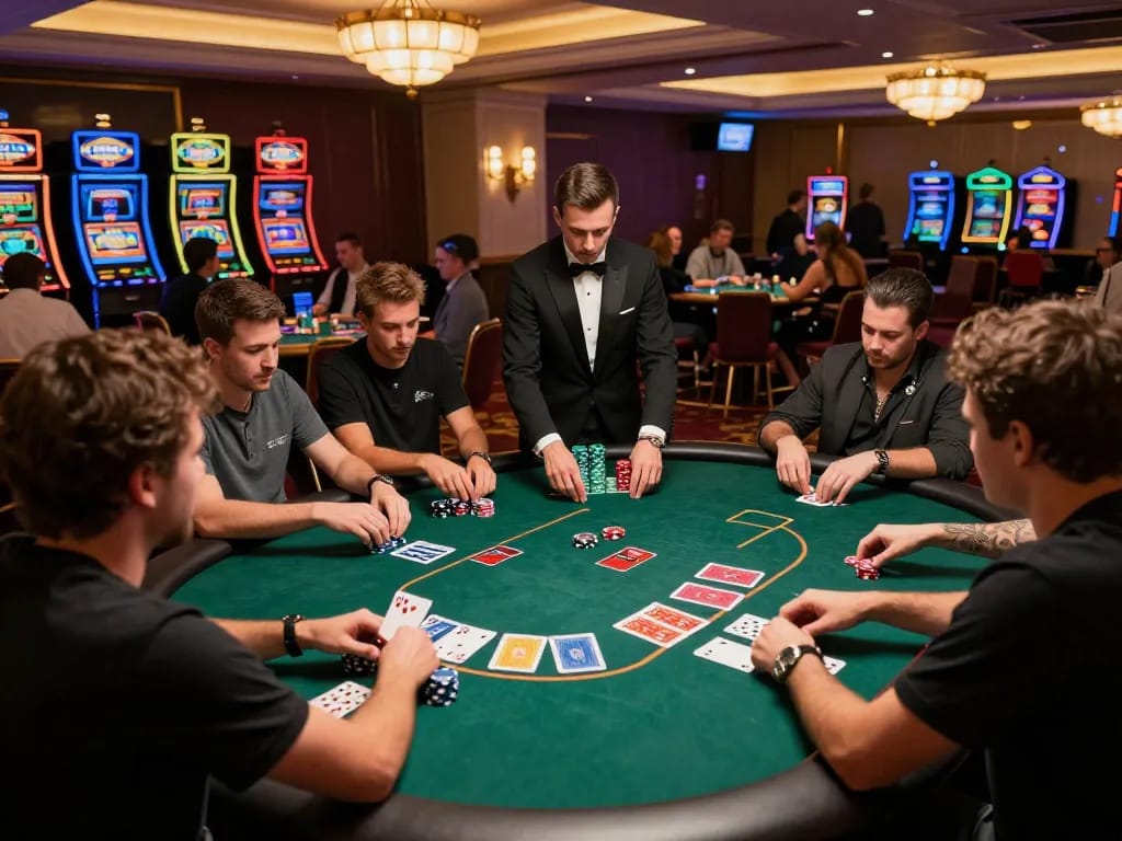 Players engaging in a high-stakes poker game at HM88 casino, showcasing intense concentration and dynamic gameplay.