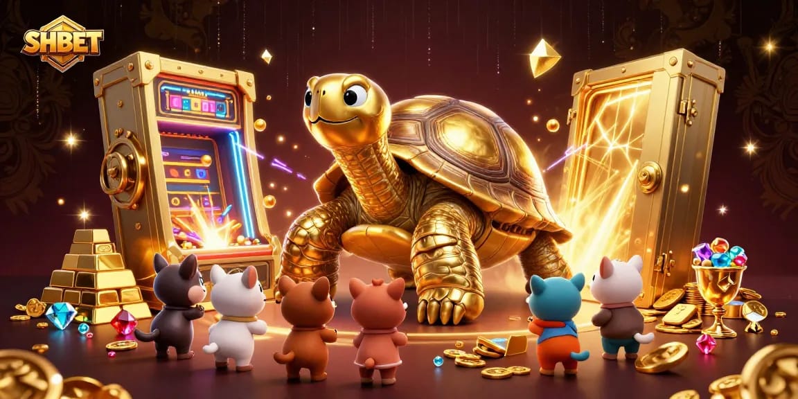Engaging SHBET experience with a golden tortoise pinball machine amidst treasure and excitement.