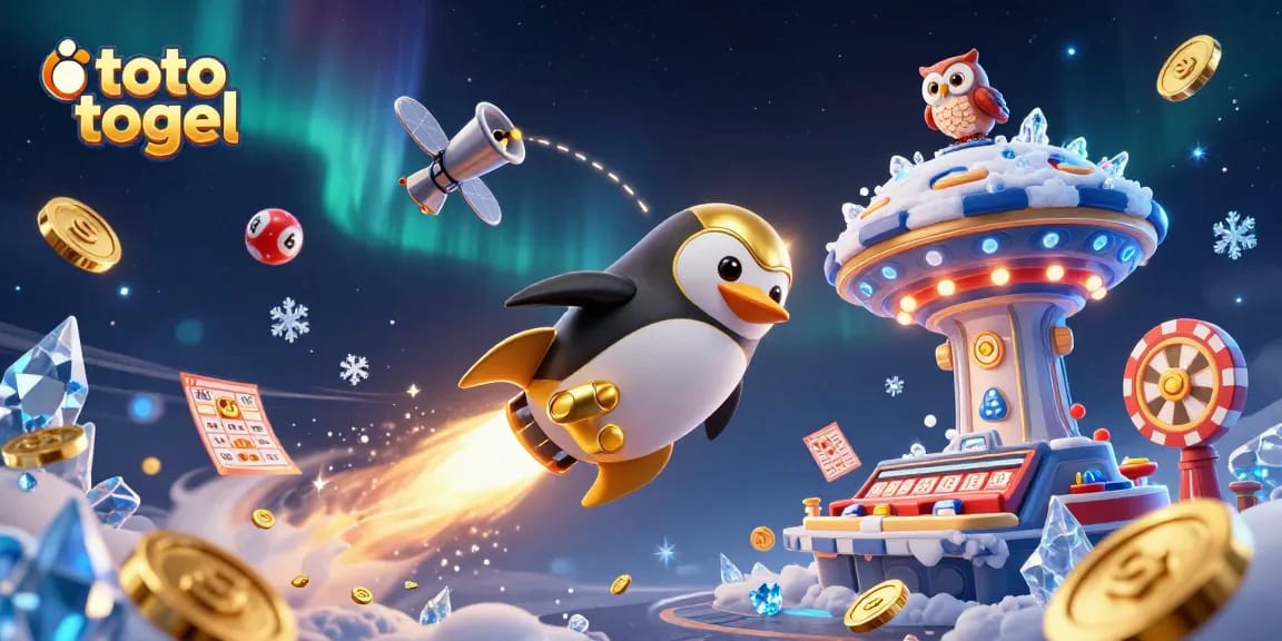 Engage the thrilling world of toto togel with a golden penguin racing toward a vibrant casino!