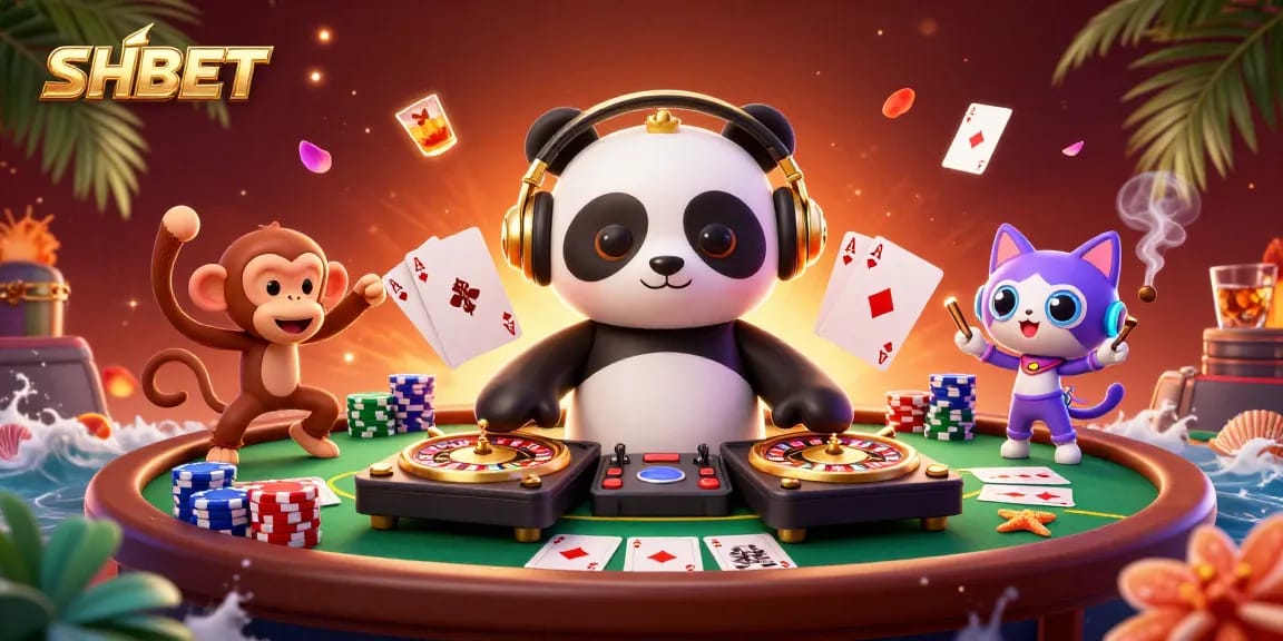 Join the fun at SHBET's vibrant casino scene with dynamic characters and gaming action.