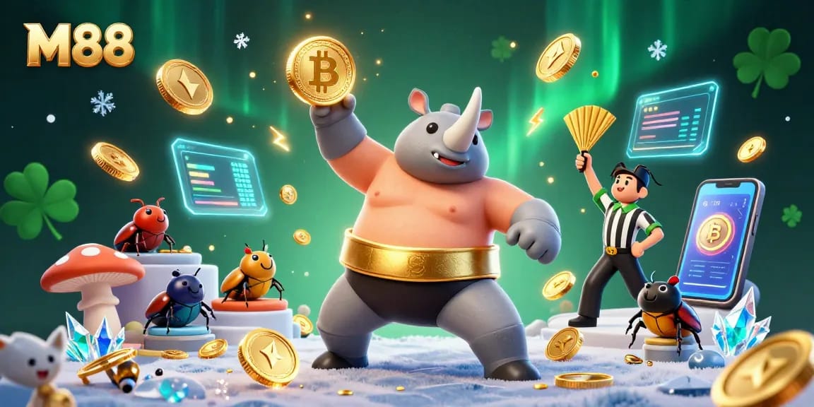 Experience thrilling gameplay at M88 with a powerful sumo beetle champion amid flying coins and vibrant casino elements.