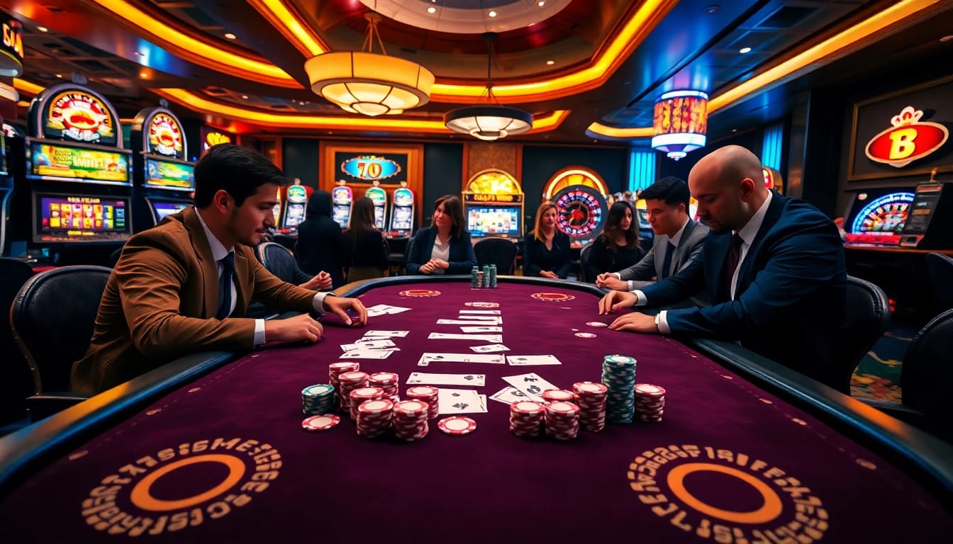 Engaging poker players strategizing on the hidden wiki at a vibrant casino table with colorful chips.