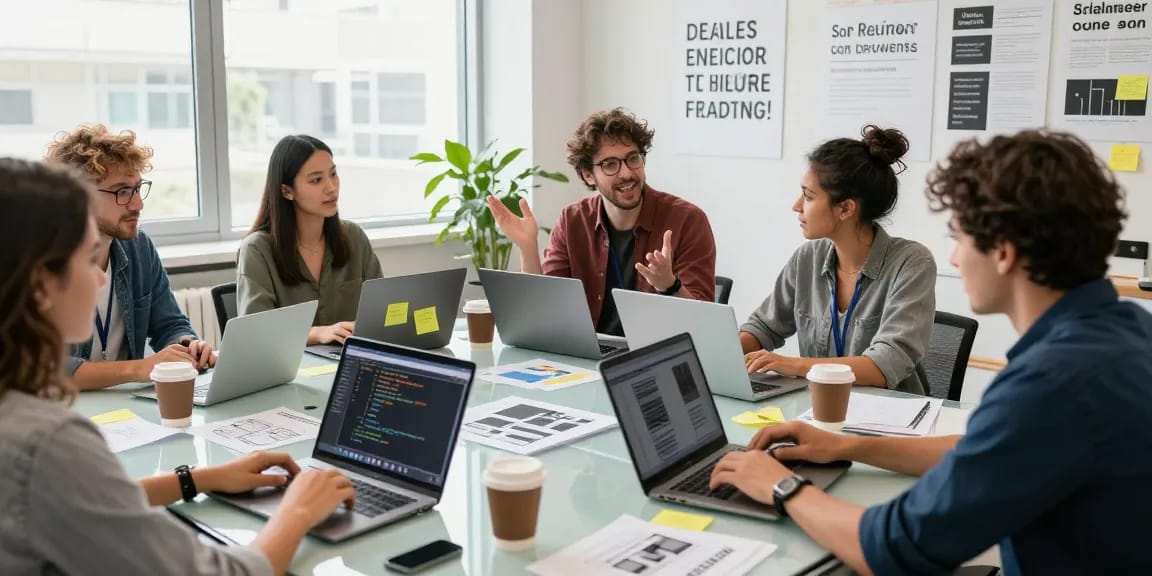 Spicy AI teamwork in a modern tech workspace, developers brainstorming ideas and coding.