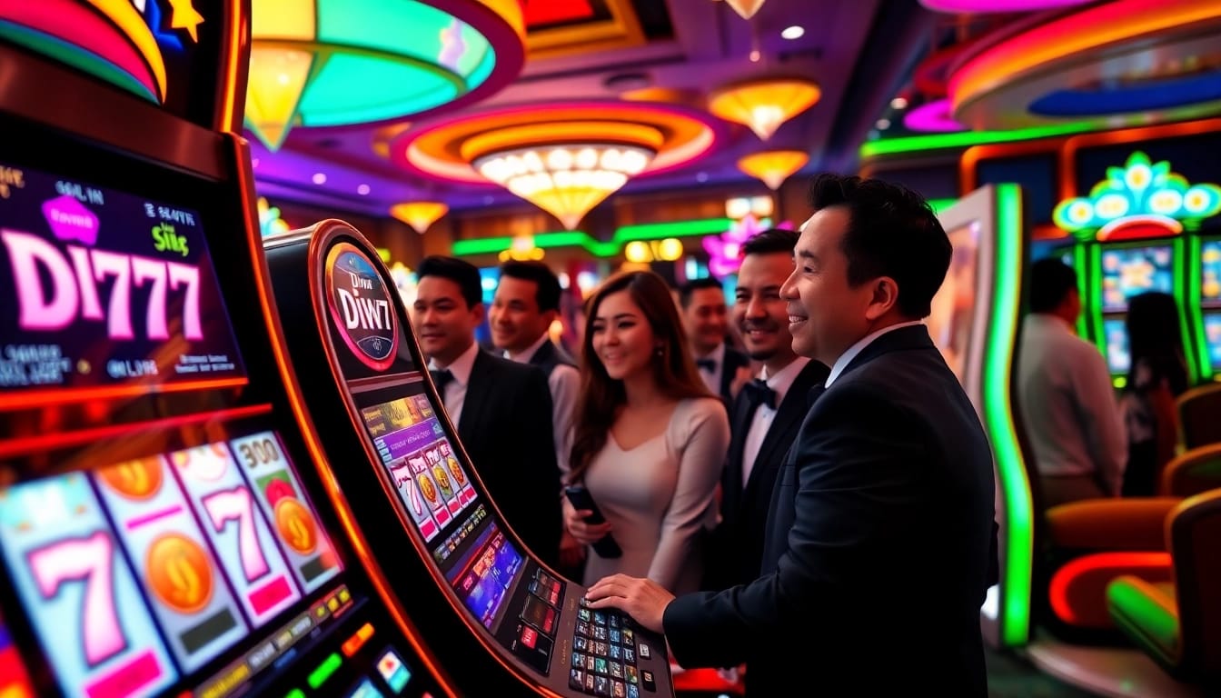 Engage with the lively Diwa 777 slot machine in a vibrant casino, featuring excited players and bright lights.