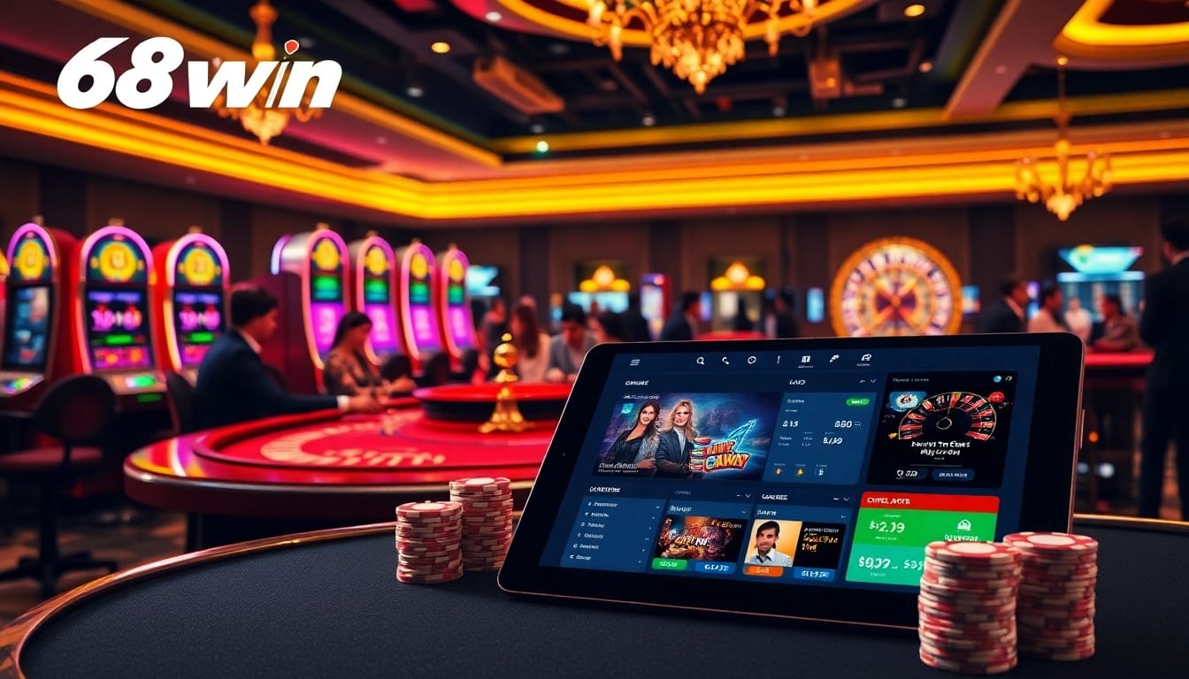 Experience the excitement of 68win through a luxurious casino scene with poker, roulette, and online betting.
