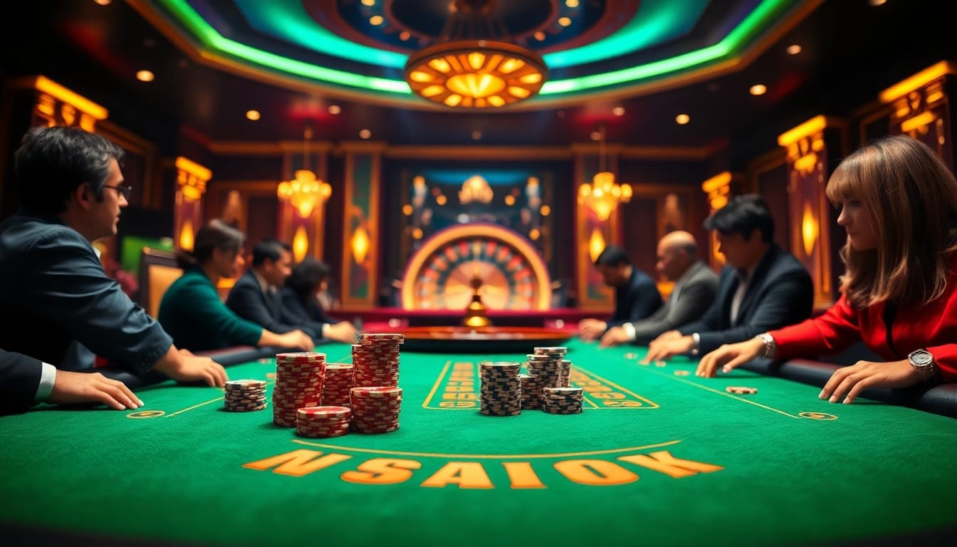 Players enjoying poker at a luxurious gaming table, inspired by https://gg88.biz/ and its vibrant casino atmosphere.