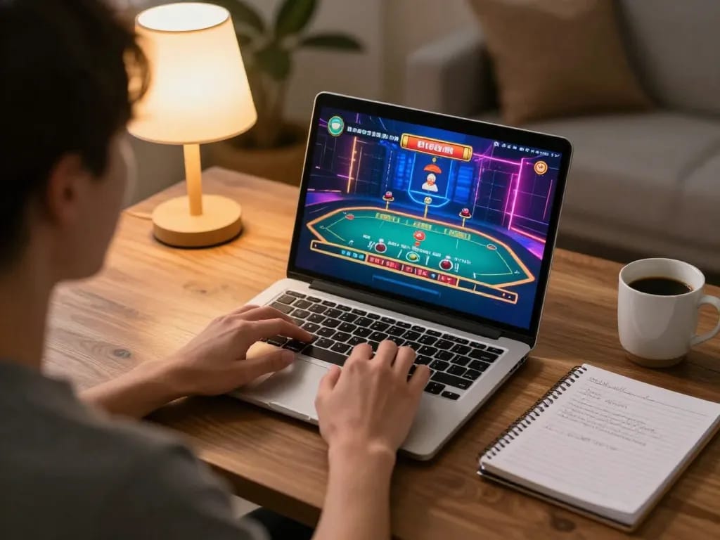 Kuwin user engaging in online gaming with laptop and live dealer interface at home, showcasing a cozy atmosphere.