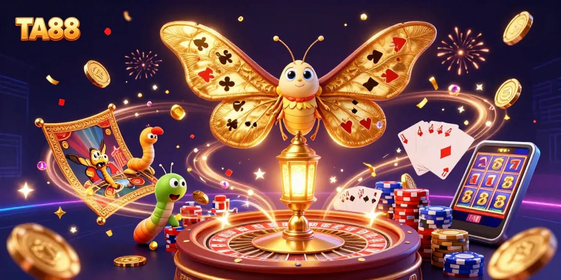 Engage with TA88's vibrant casino universe featuring a golden moth, poker elements, and dynamic casino action.