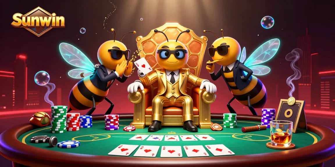 Engage in thrilling poker action at Sunwin with a vibrant 3D casino scene filled with detailed characters and elements.