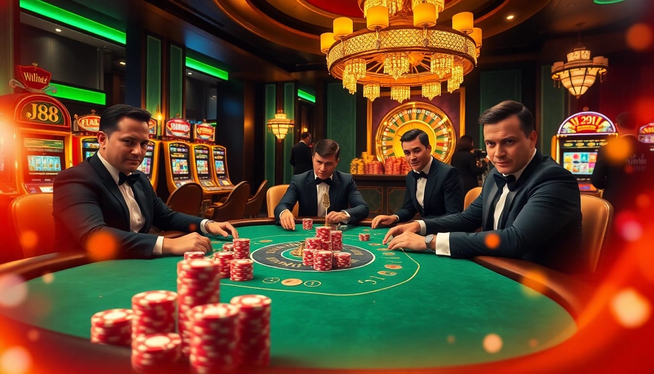 Experience a thrilling poker match at J 88, showcasing luxury and excitement in a vibrant casino atmosphere.