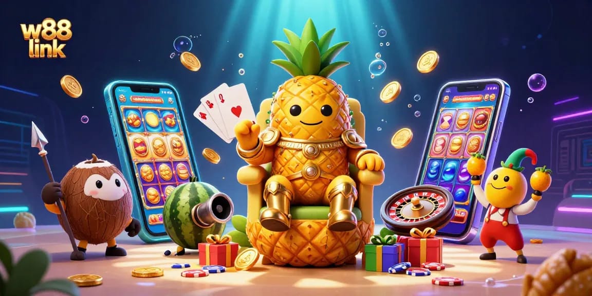 Engage with the thrilling world of online gaming at w88 link, featuring cartoon characters and exciting gambling elements.