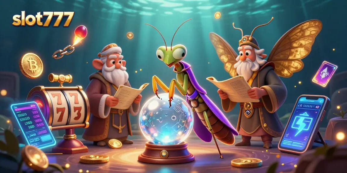 Play slot777 games in an immersive 3D illustration featuring vibrant slots and mystical characters.