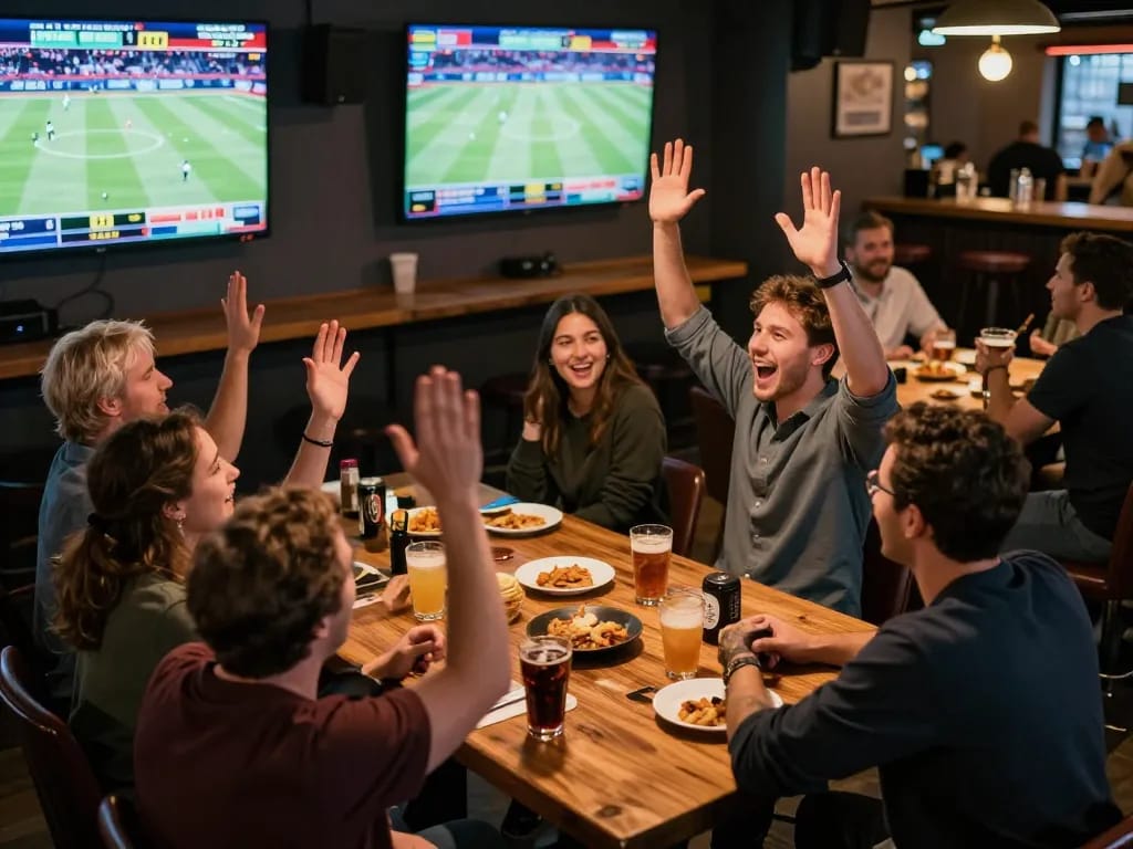 The excitement of sports betting at nhà cái 8xbet with patrons celebrating winning bets in a vibrant sports bar setting
