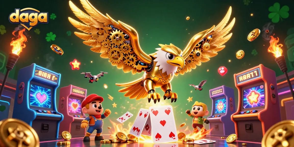 Dive into thrilling moments with daga, featuring a golden eagle amidst holographic cards and vibrant casino elements.