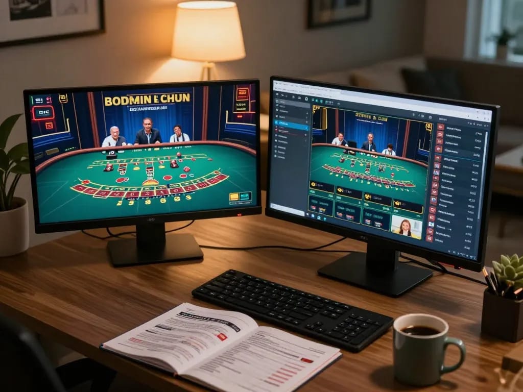 Engaged user placing bets on bk8's online platform, showcasing modern gaming setup and strategic atmosphere