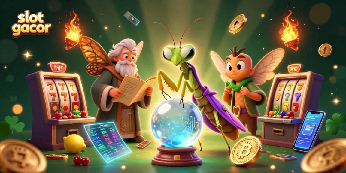 Experience thrilling slot gacor gameplay with a vibrant 3D illustration of fortune-telling characters and cosmic casino elements.