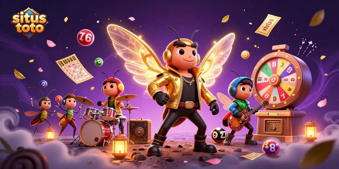 Engage with situs toto in this vibrant scene featuring colorful lottery elements and energetic cartoon characters.