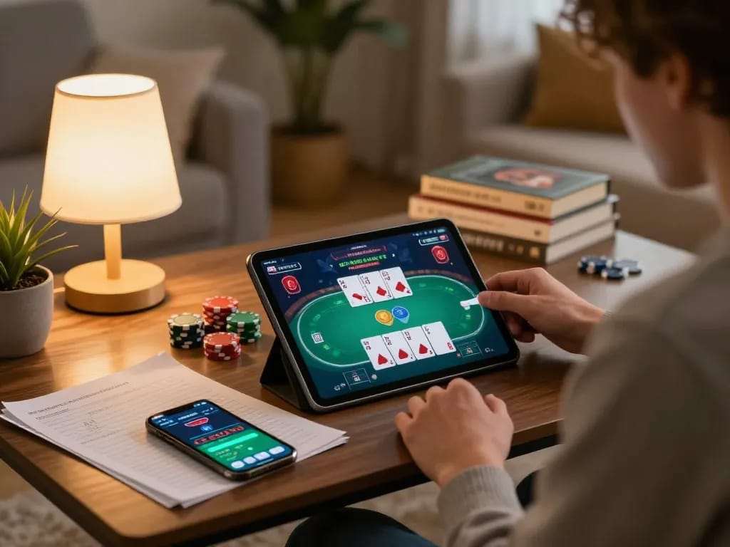NK88 player enjoying a thrilling online poker match at home with strategy notes and warm lighting.