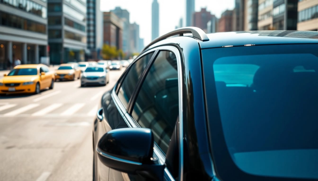 Enhance visibility with professional window tint Chattanooga on a stylish vehicle against a vibrant city backdrop.