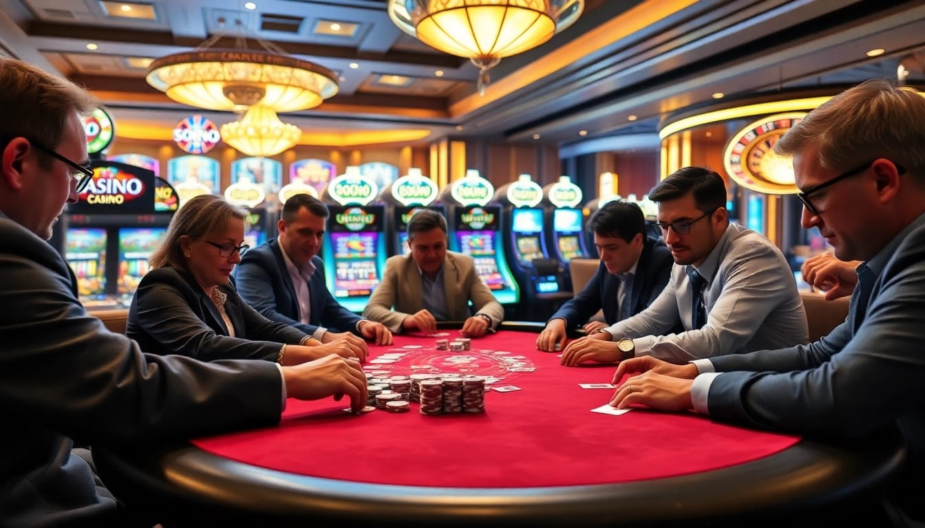 SODO CASINO experts engaging in a thrilling poker game surrounded by vibrant slot machines.