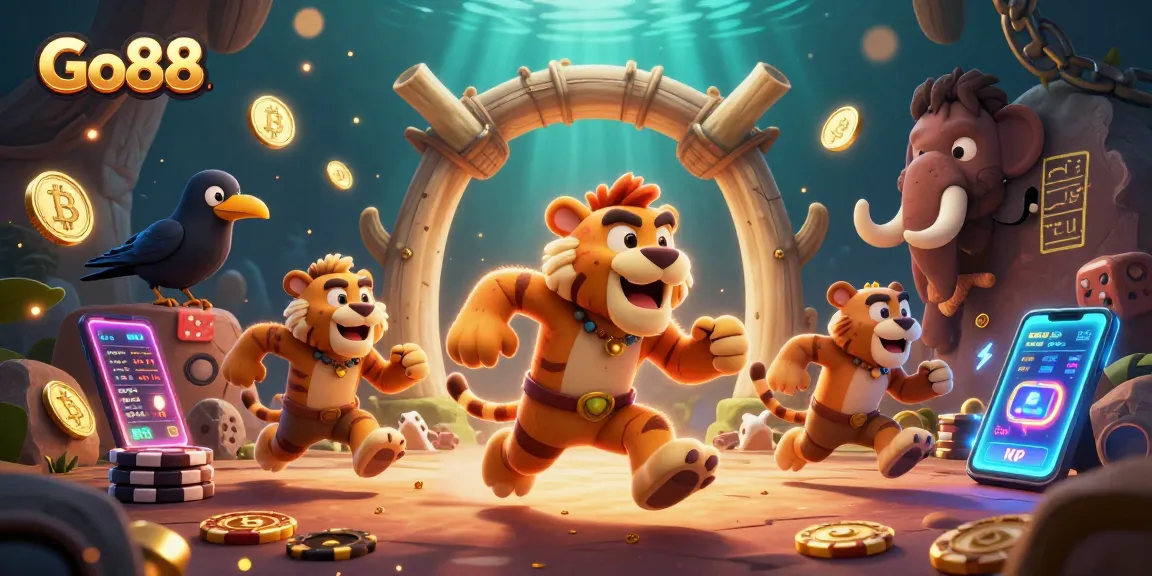 Engage in thrilling games at Go88 with dynamic illustrations of a prehistoric casino featuring unique characters.