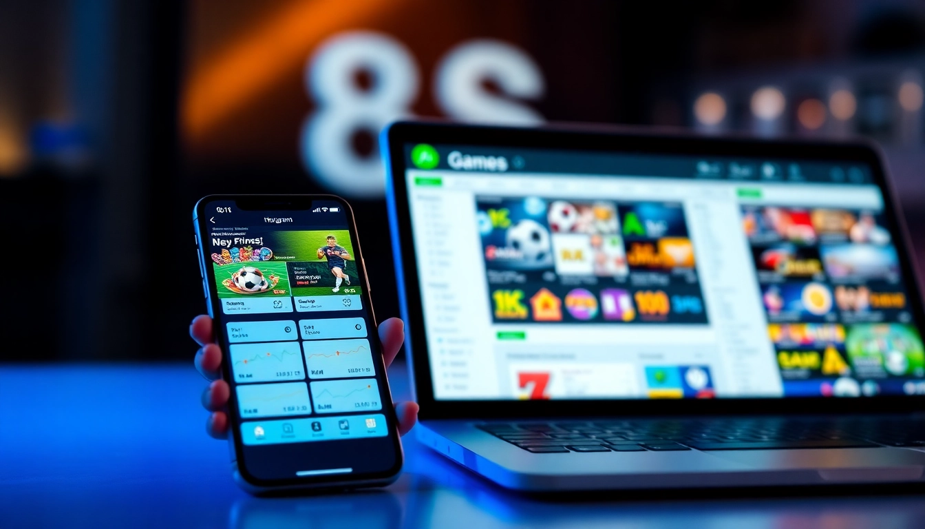 8s online betting platform interface showcasing diverse games on smartphone and laptop.