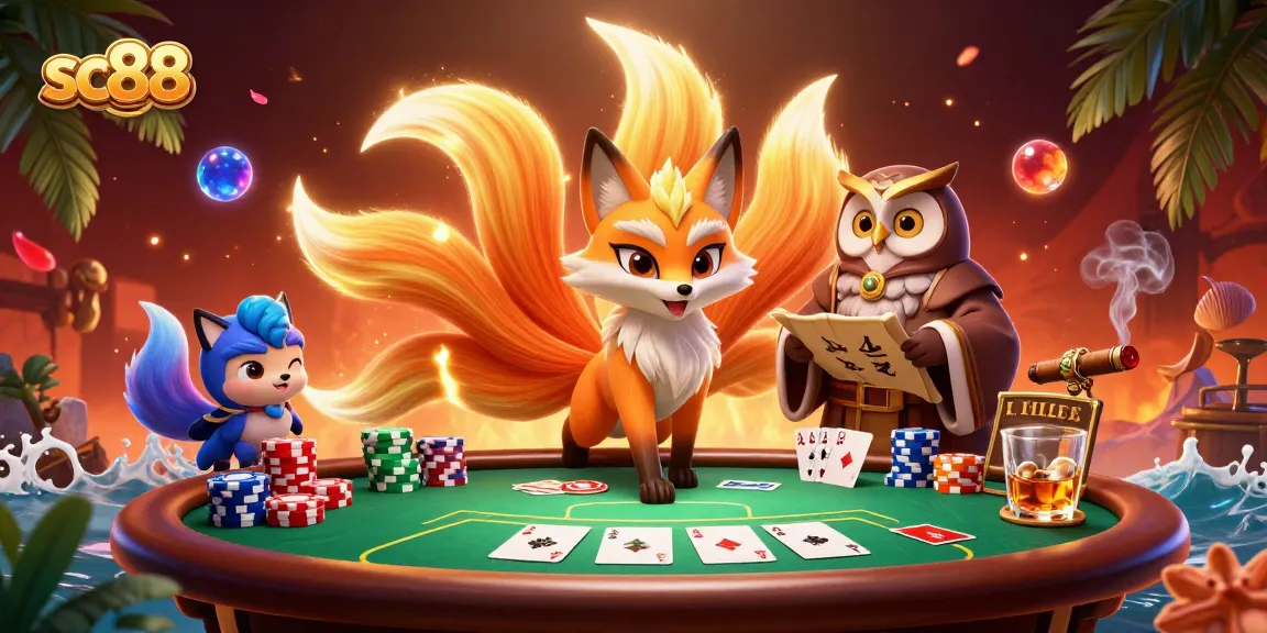 Experience thrilling poker action at SC88 with vibrant characters and elements in a stunning casino scene.
