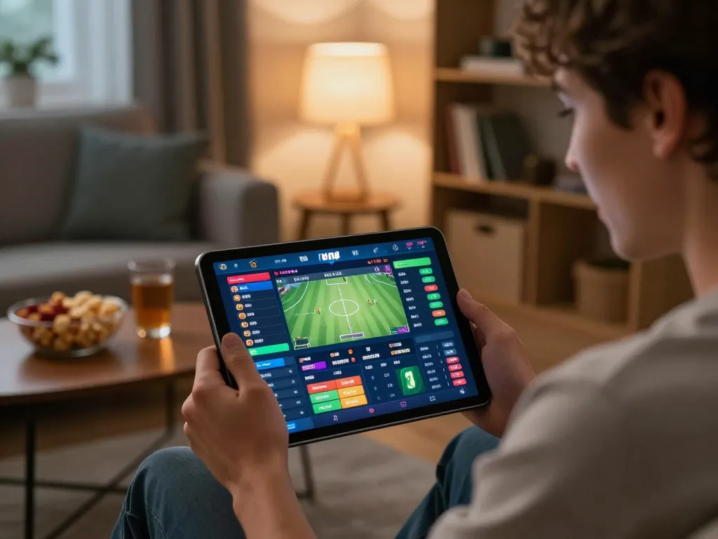 Person engaging in online sports betting at home using MB66, vibrant tablet screen showing live odds.