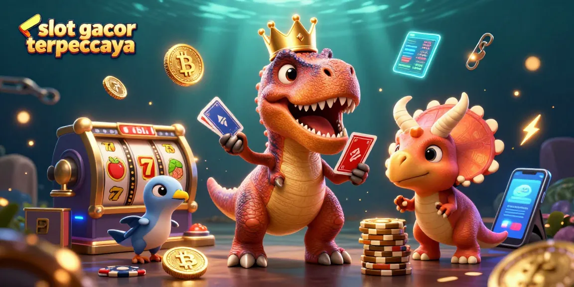 Engage in slot gacor terpercaya action with a T-Rex shuffling cards and a triceratops stacking chips.