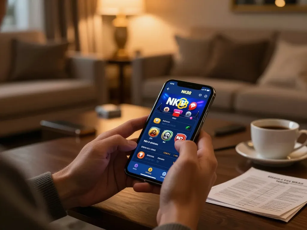 Navigating the NK88 win app for exciting mobile betting on a smartphone in a cozy setting