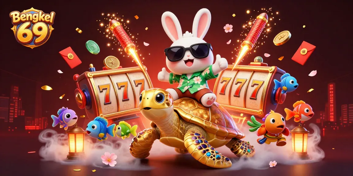 Bengkel 69 showcases a playful 3D illustration featuring a lucky rabbit and turtle surrounded by colorful slot game elements.