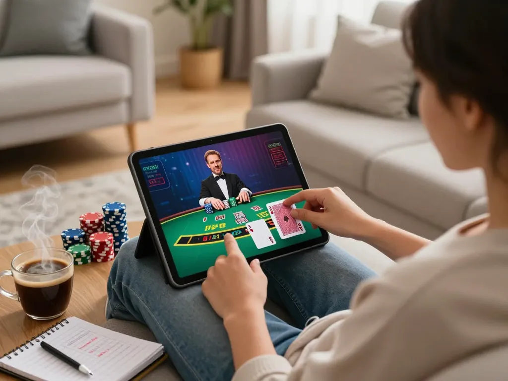 Engaged player on Tg88 com enjoying live blackjack on tablet in cozy living room setting.
