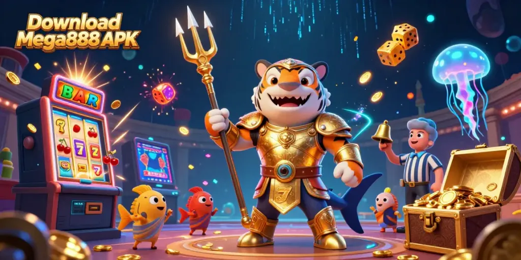 Spin to win with the Mega888 APK download, featuring vibrant casino elements and 3D characters.