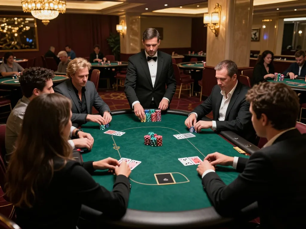 Players engaged in a high-stakes poker game at Bsport, showcasing strategic betting and intense concentration.